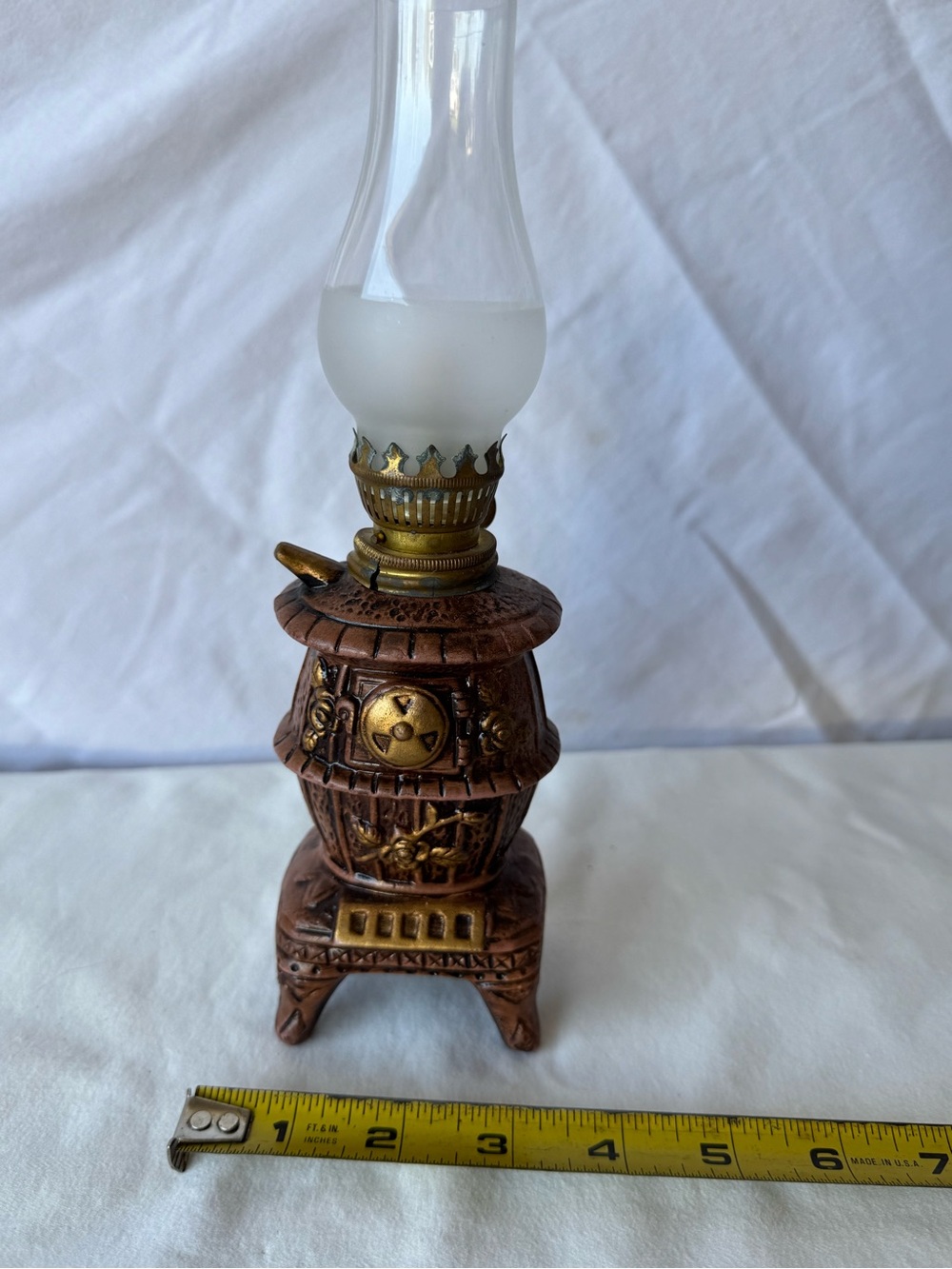 Mini Potbelly Stove Novelty Oil Lamp Brown Brass Glass Chimney 10in Tall